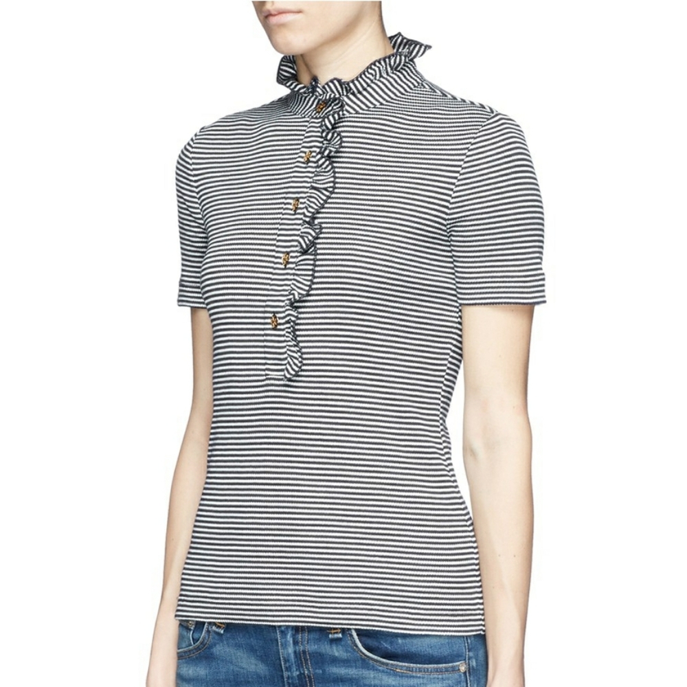 Tory Burch Blue White Ruffle Short Sleeve Top